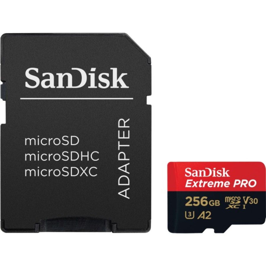 картинка Карта пам'яті SanDisk microSD 256GB C10 UHS-I U3 R200/W140MB/s Extreme Pro V30 +SD (SDSQXCD-256G-GN6MA) от магазина Chako.ua
